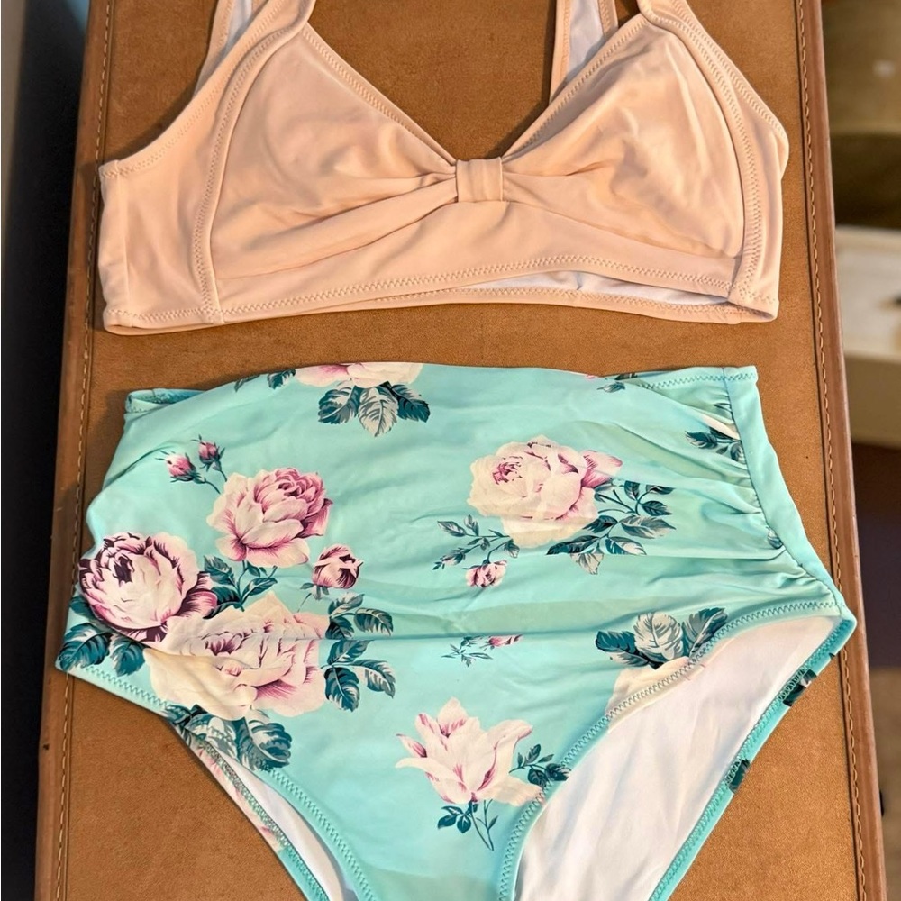 Cupshe Floral Print Bikini Set - Blush/Cream and Teal Blue